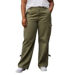 Zara Olive Green Cargo Pants Wide Leg Utility Casual Trousers USA 12